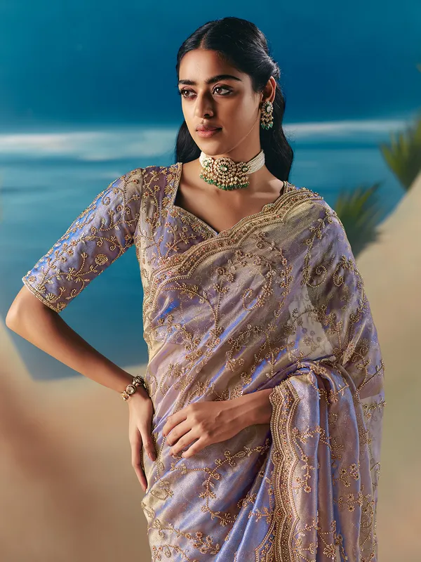 Blue satin organza shimmering designer saree