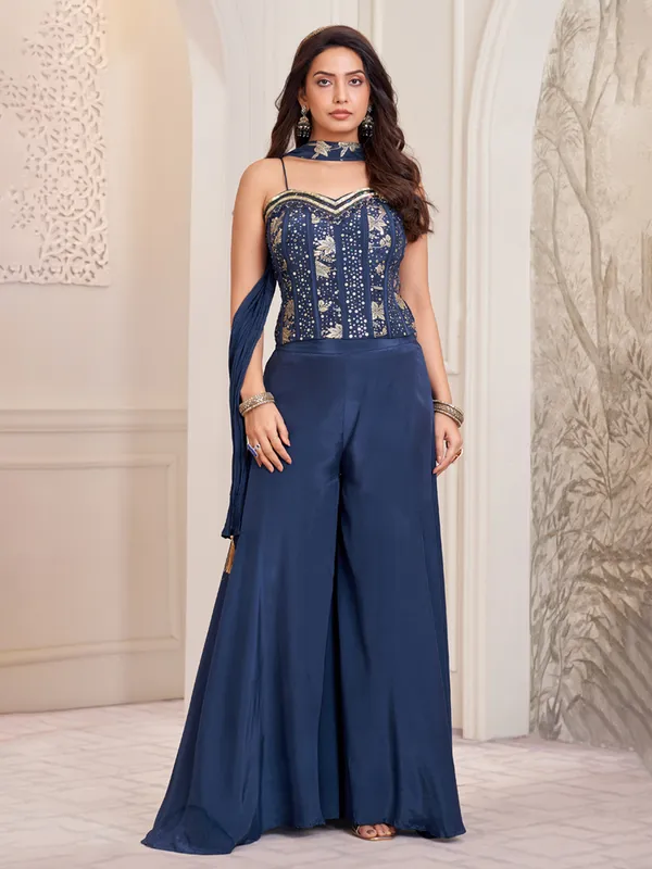Blue satin silk festive palazzo suit
