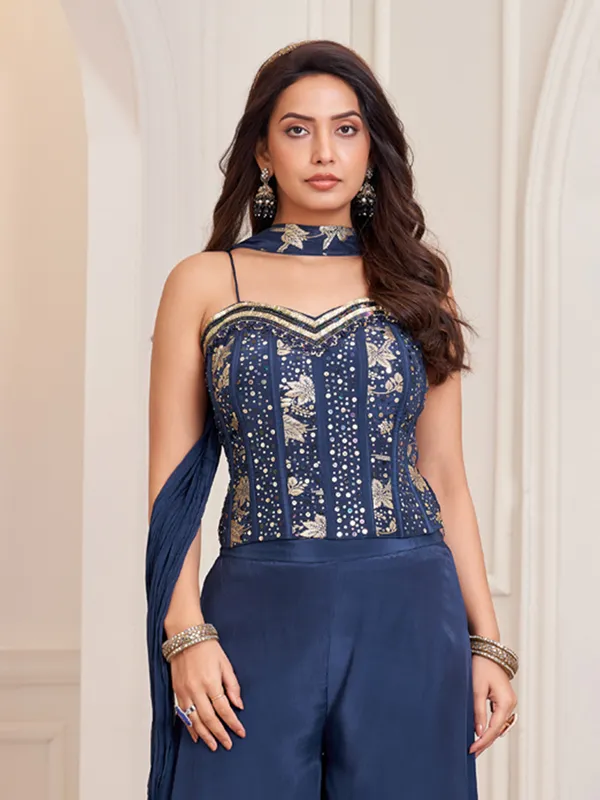 Blue satin silk festive palazzo suit