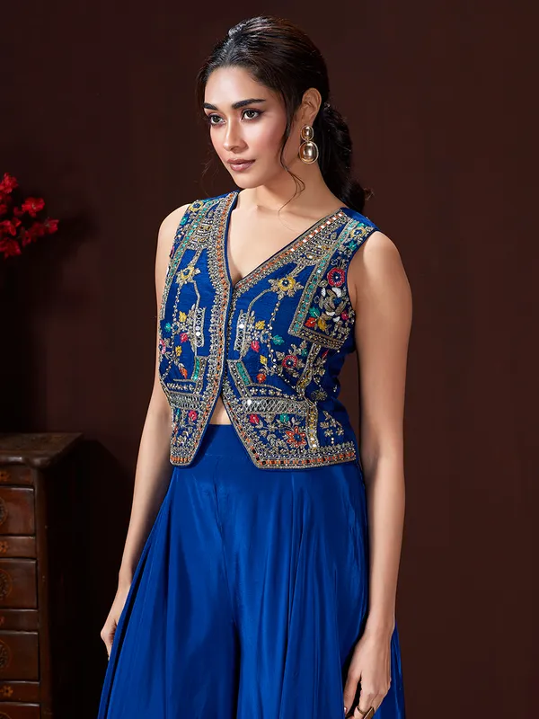 Blue satin silk palazzo suit for wedding
