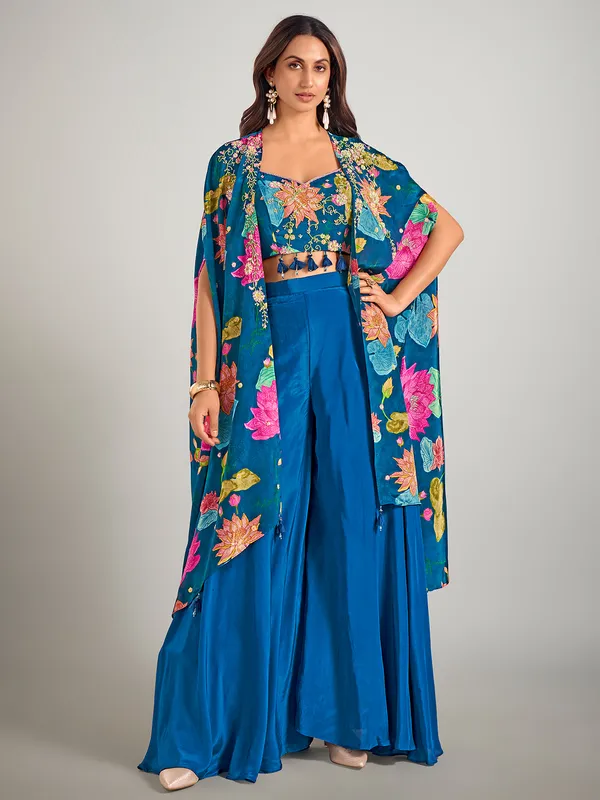 Blue satin silk palazzo suit with long jacket