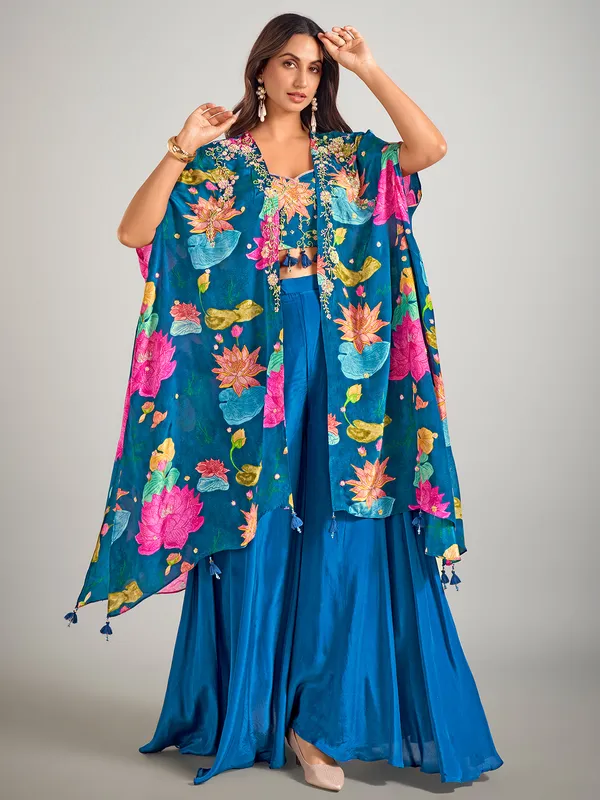 Blue satin silk palazzo suit with long jacket