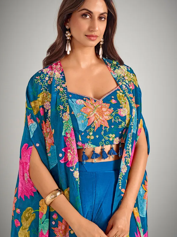 Blue satin silk palazzo suit with long jacket