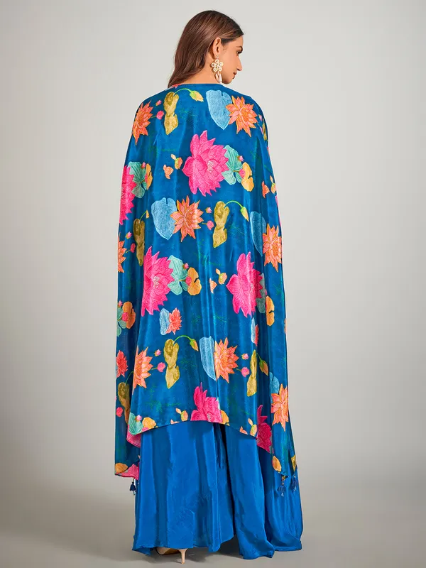 Blue satin silk palazzo suit with long jacket