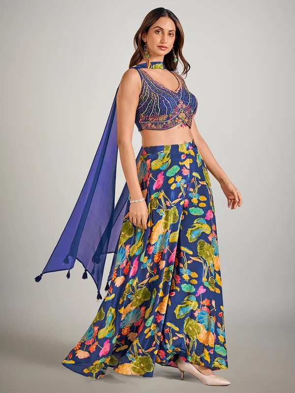 Blue satin silk printed palazzo suit