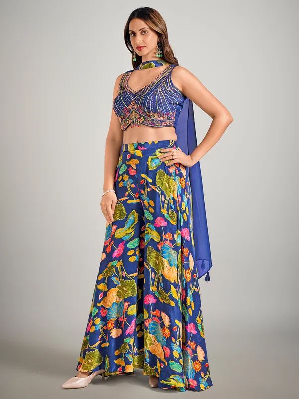 Blue satin silk printed palazzo suit