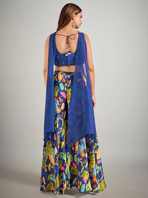 Blue satin silk printed palazzo suit