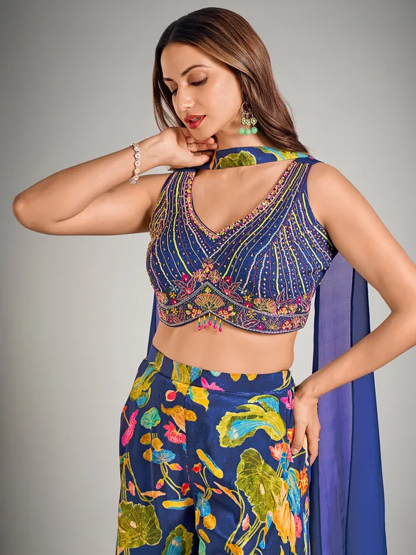 Blue satin silk printed palazzo suit