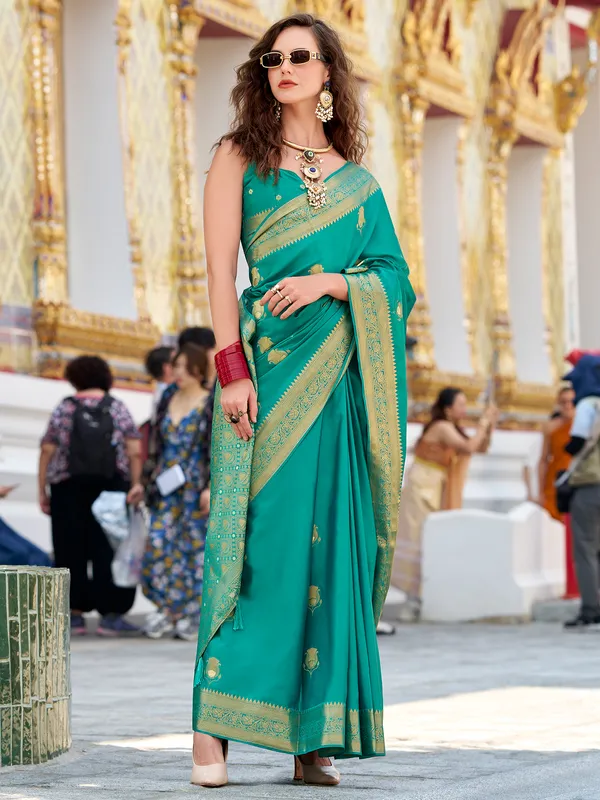 Blue satin silk saree with classic zari weaving
