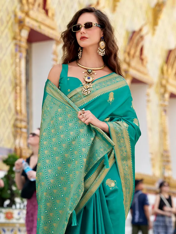 Blue satin silk saree with classic zari weaving