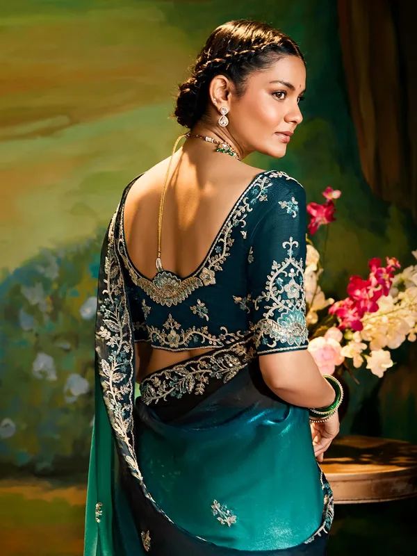 Blue satin silk saree with shaded pattern