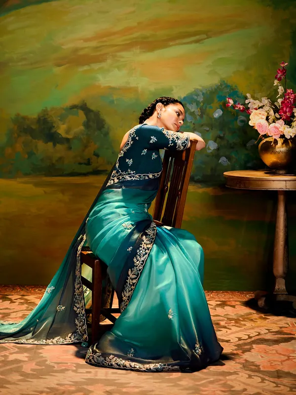 Blue satin silk saree with shaded pattern