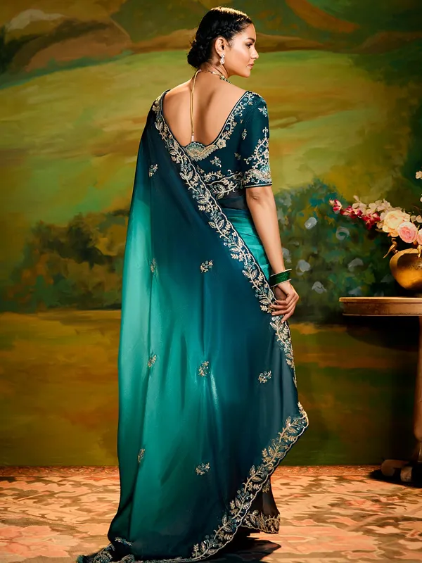 Blue satin silk saree with shaded pattern