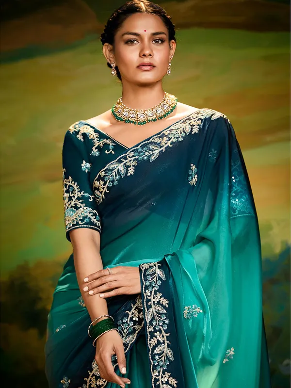 Blue satin silk saree with shaded pattern