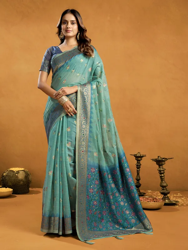 Blue semi cotton saree for wedding wear