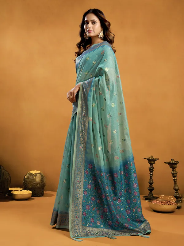 Blue semi cotton saree for wedding wear
