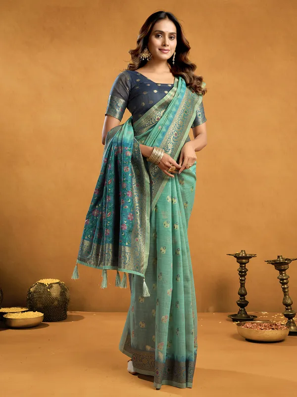 Blue semi cotton saree for wedding wear