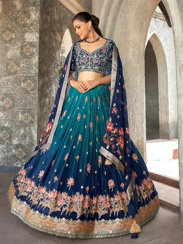 Blue shaded printed lehenga choli in silk