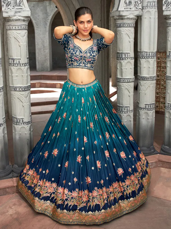 Blue shaded printed lehenga choli in silk