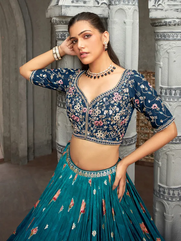 Blue shaded printed lehenga choli in silk