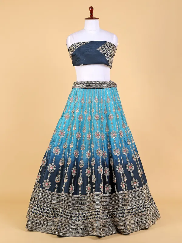 Blue shaded raw silk unstitched lehenga choli