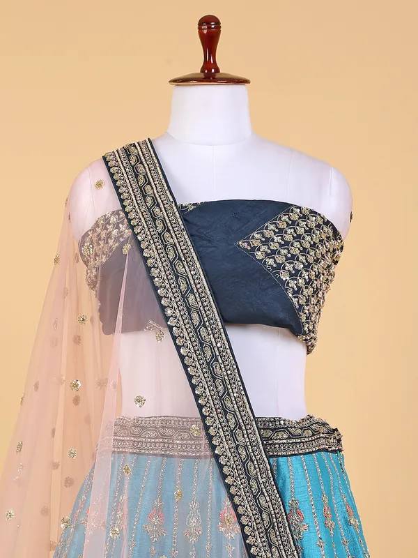 Blue shaded raw silk unstitched lehenga choli