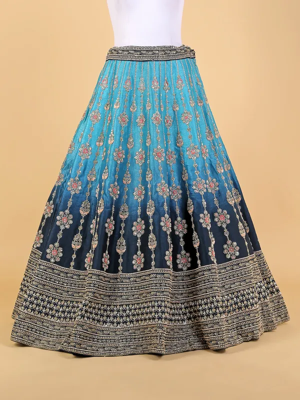 Blue shaded raw silk unstitched lehenga choli
