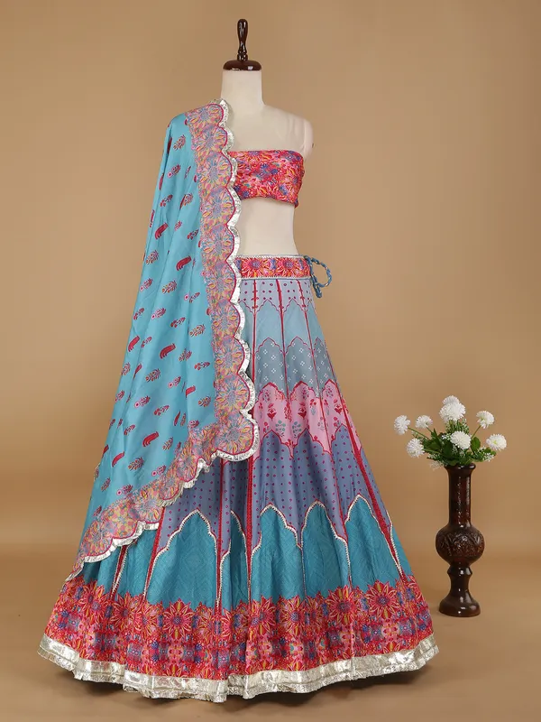 Blue shaded silk printed lehenga choli