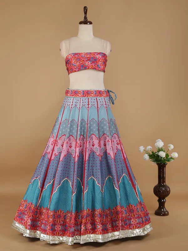 Blue shaded silk printed lehenga choli