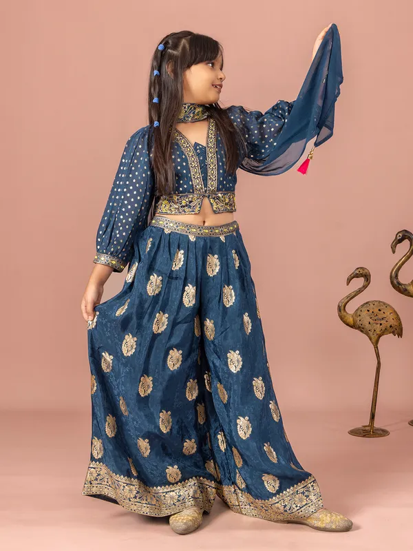 Blue silk aabla work palazzo suit