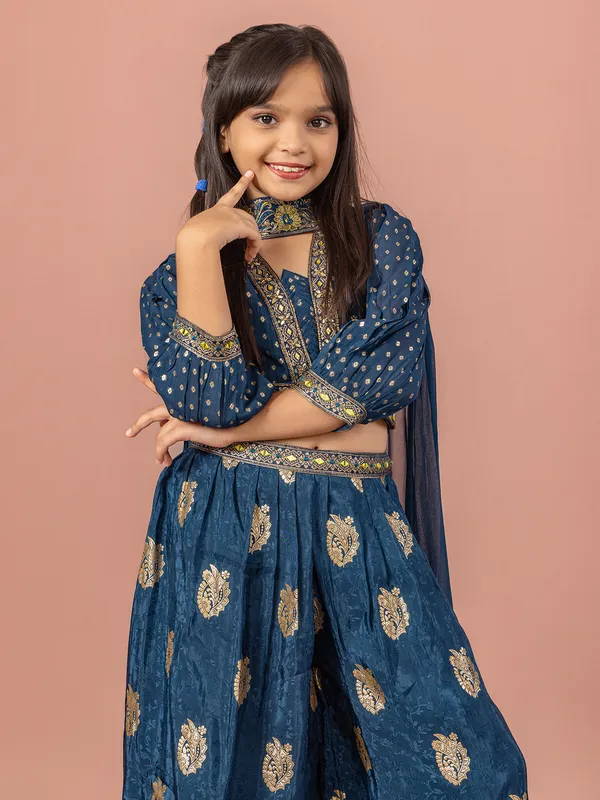 Blue silk aabla work palazzo suit