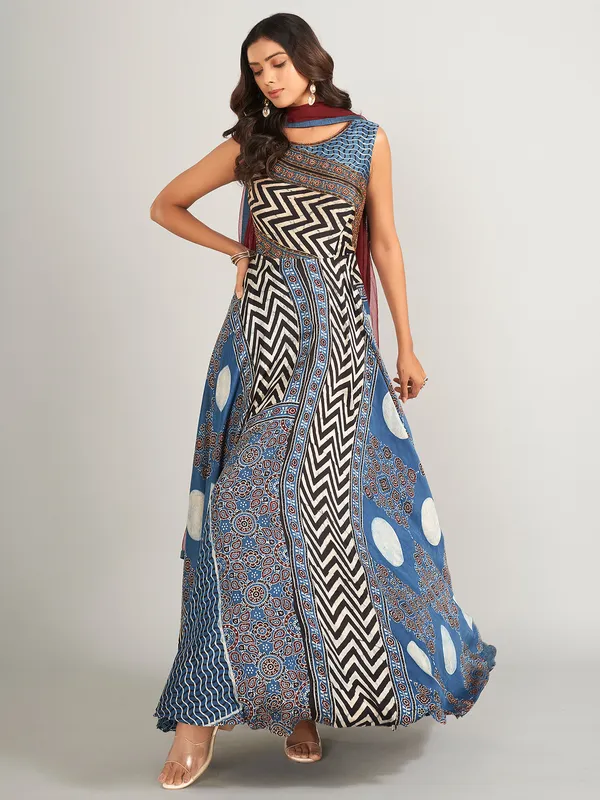 Blue silk anarkali salwar suit with printed