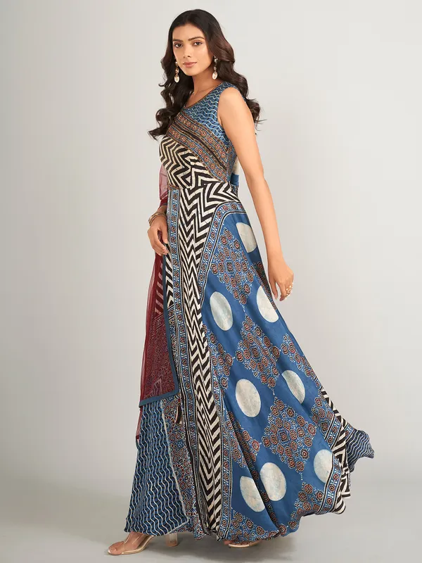 Blue silk anarkali salwar suit with printed