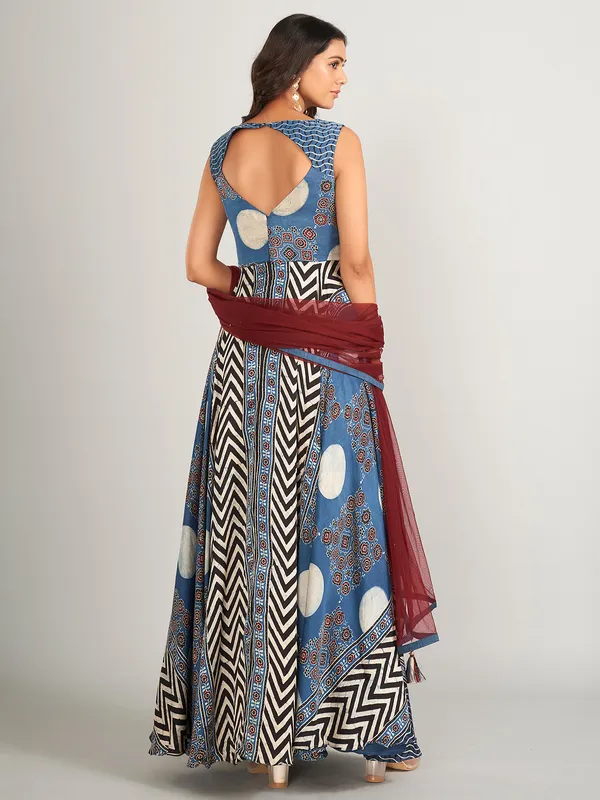 Blue silk anarkali salwar suit with printed