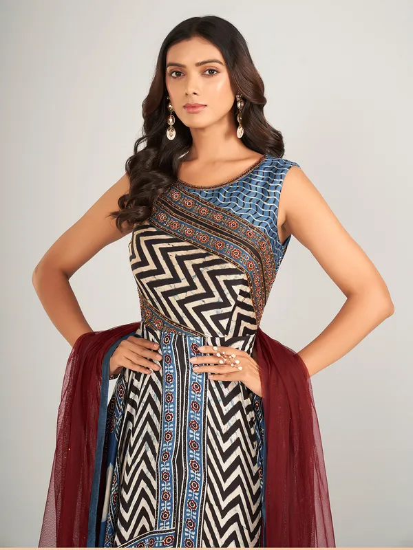Blue silk anarkali salwar suit with printed