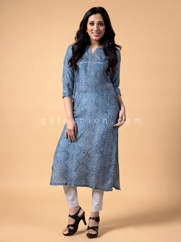 Blue silk bandhej printed casual kurti