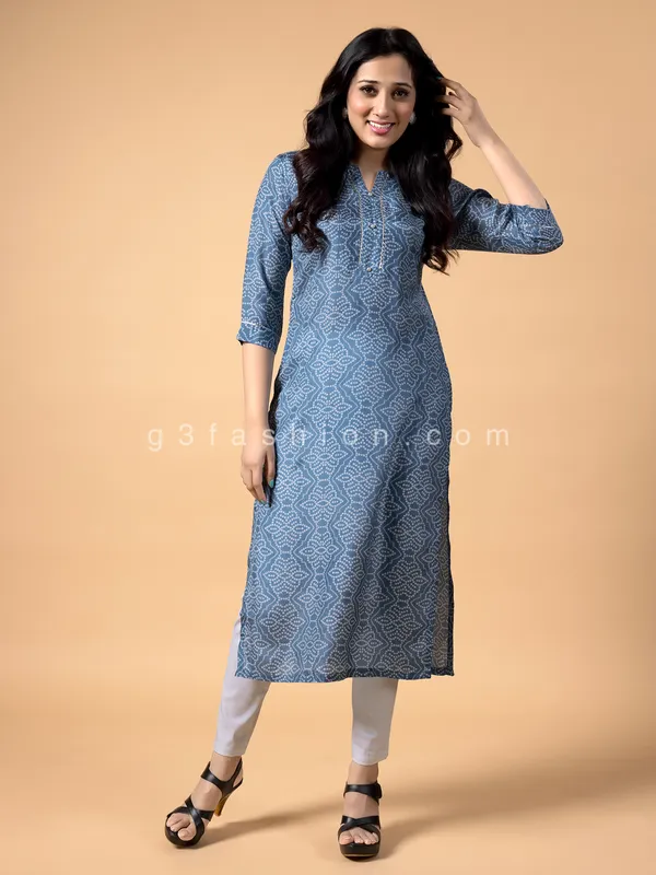 Blue silk bandhej printed casual kurti