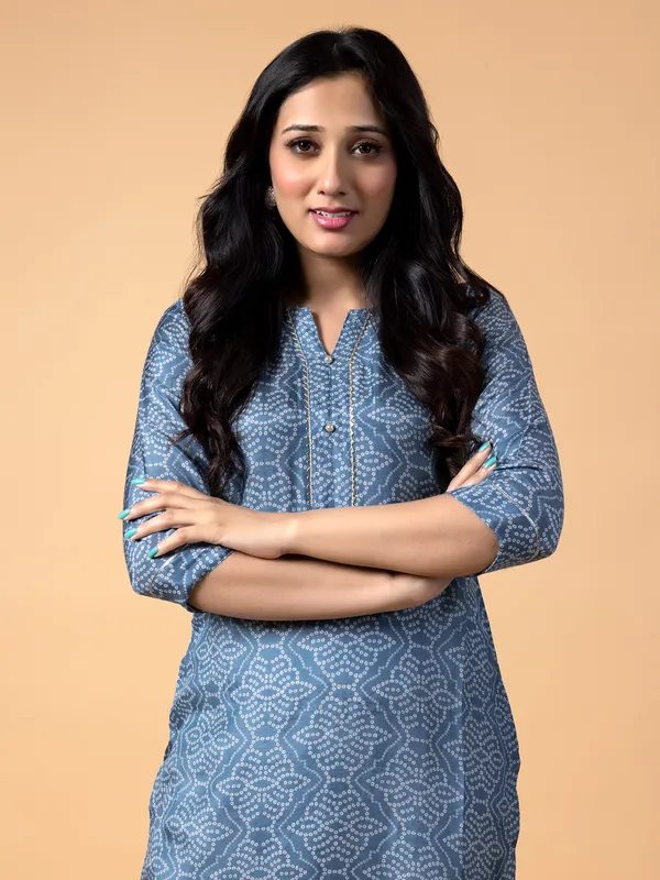 Blue silk bandhej printed casual kurti