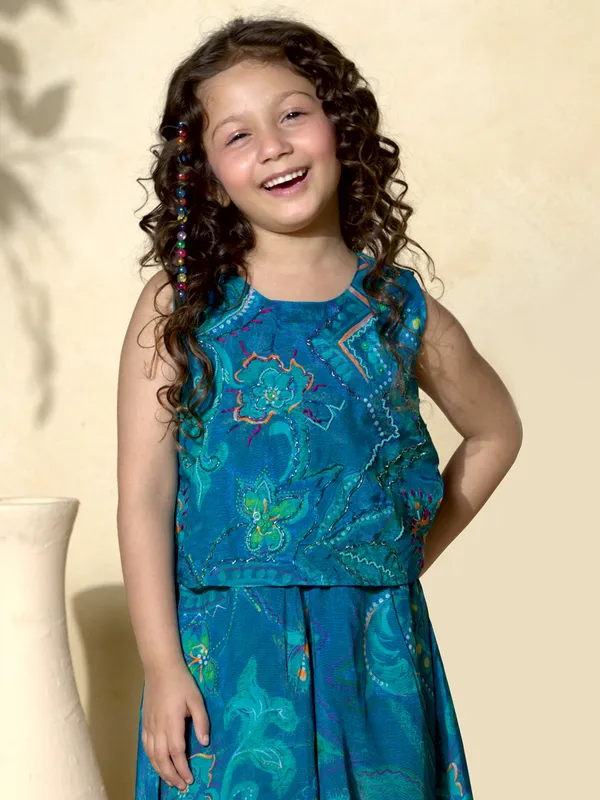 Blue silk co-ord set for girls with printed
