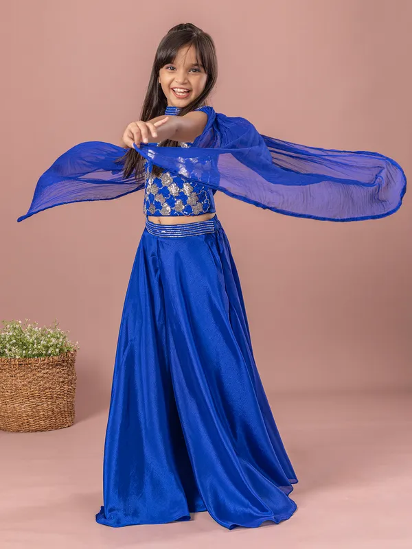 Blue silk cutdana sequins palazzo suit