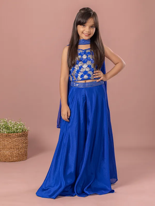 Blue silk cutdana sequins palazzo suit