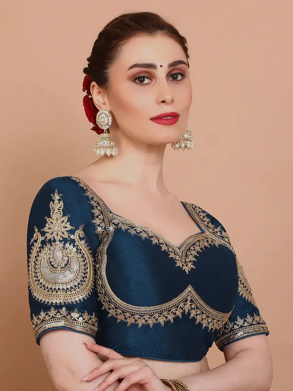 Blue elbow sleeves silk embroidered ready made blouse