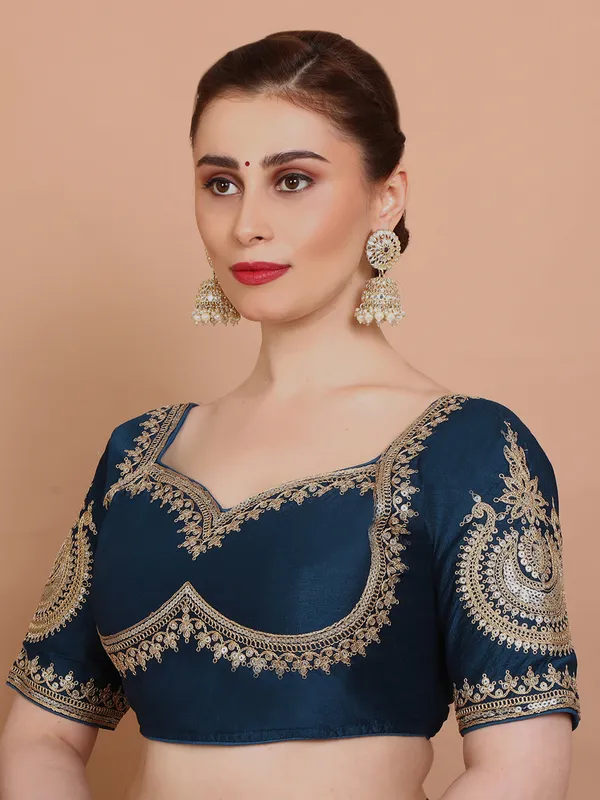 Blue elbow sleeves silk embroidered ready made blouse