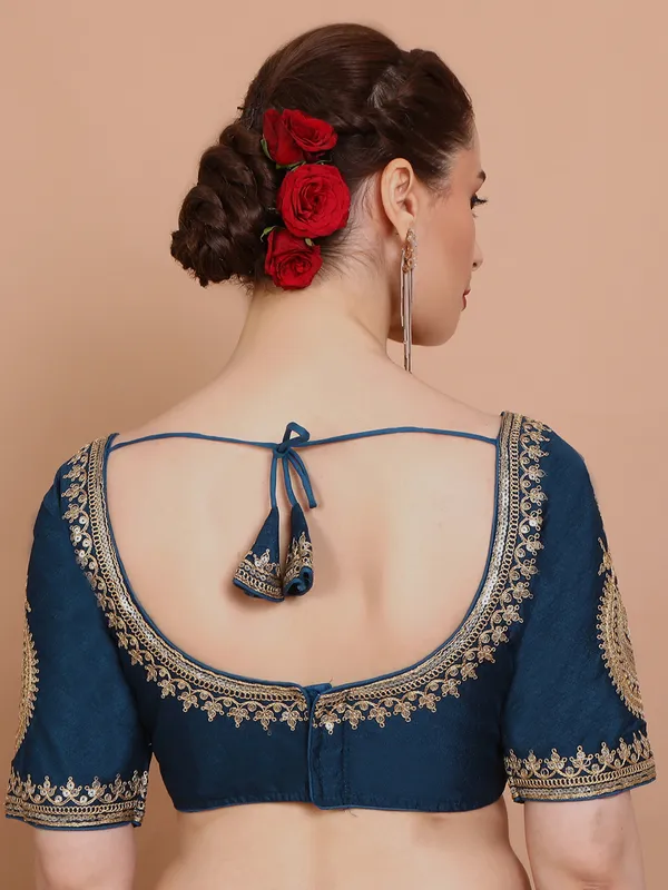 Blue elbow sleeves silk embroidered ready made blouse