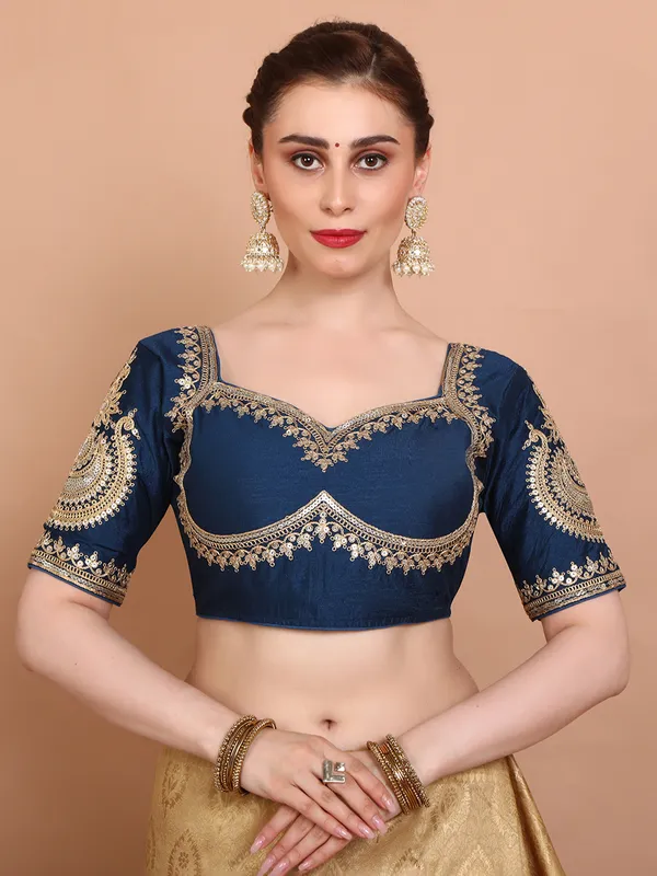 Blue elbow sleeves silk embroidered ready made blouse