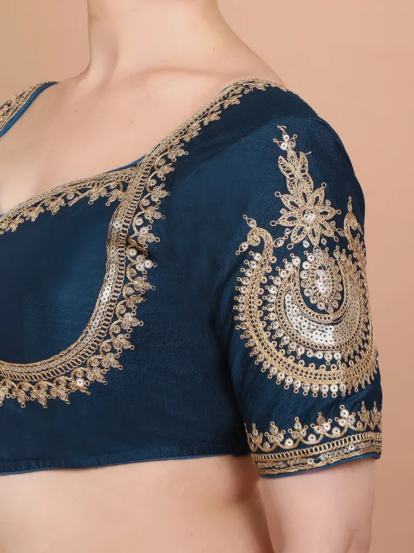 Blue elbow sleeves silk embroidered ready made blouse