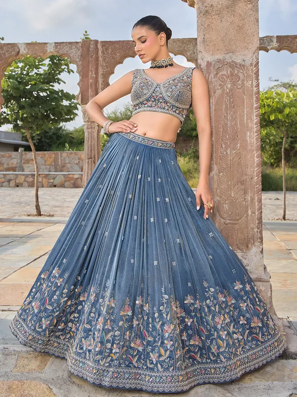 Blue silk embroidered wedding lehenga choli