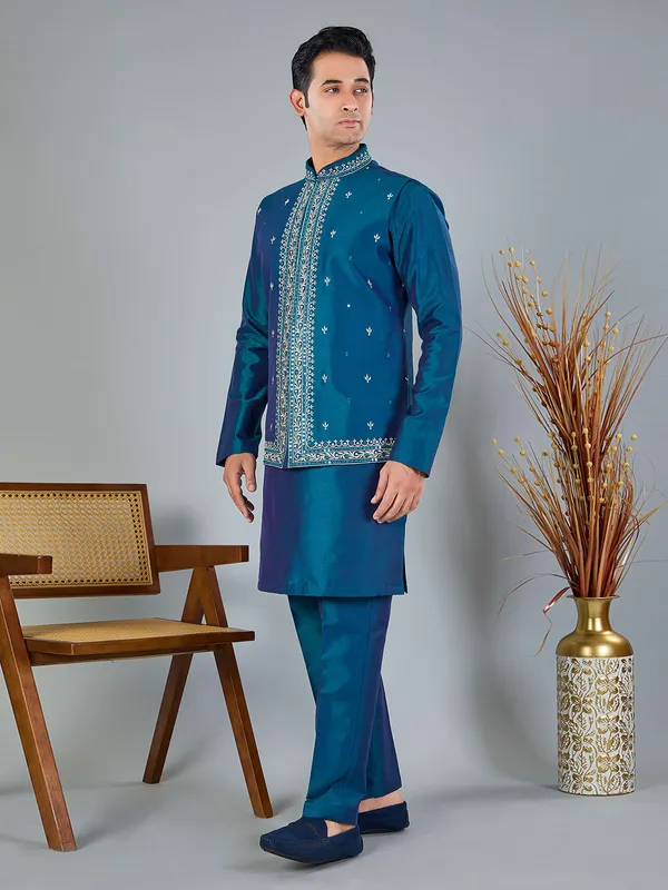Blue silk embroidered work waistcoat set
