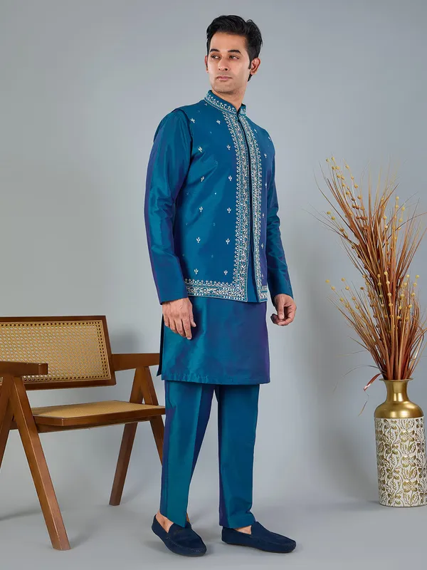 Blue silk embroidered work waistcoat set