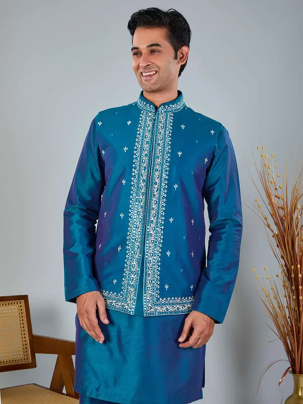 Blue silk embroidered work waistcoat set